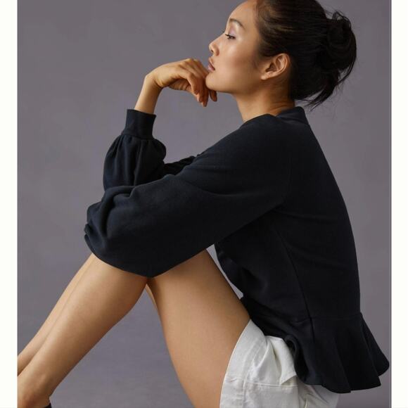 Maeve Anthropologie Black V-Neck Sweatshirt With Peplum | Size XS - Picture 4 of 7